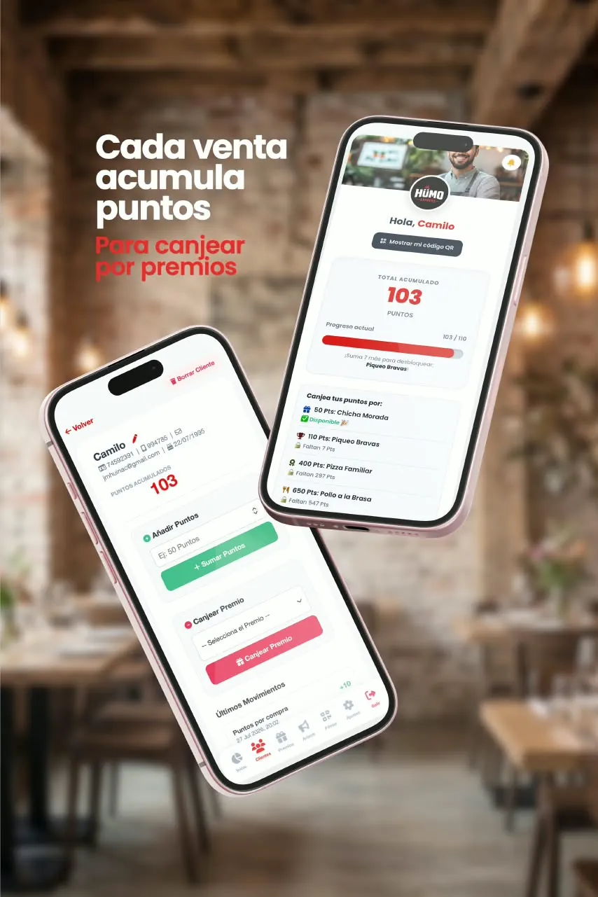 Sistema de fidelización por puntos: vista del cliente y del panel del negocio en el celular