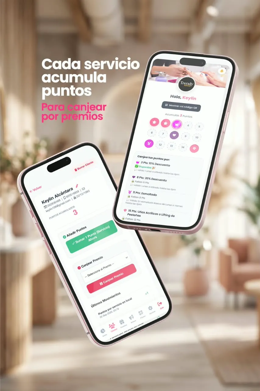 Sistema de fidelización por sellos o visitas: vista del cliente y del panel del negocio en el celular