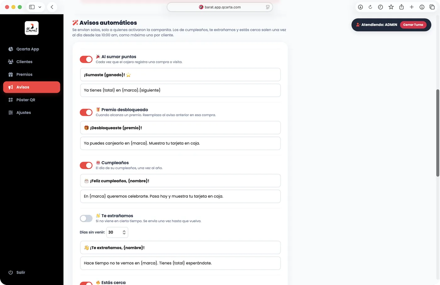 Panel del sistema de fidelización de Qcarta: avisos automáticos