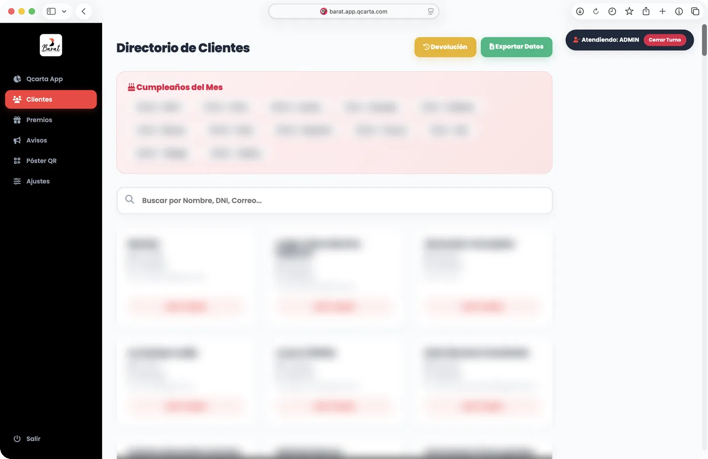 Panel del sistema de fidelización de Qcarta: clientes y cumpleaños