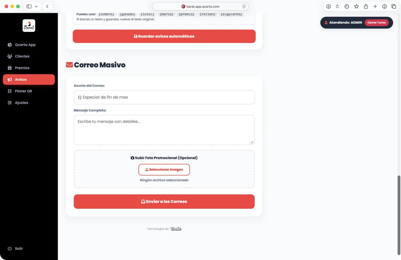 Panel del sistema de fidelización de Qcarta: correo masivo