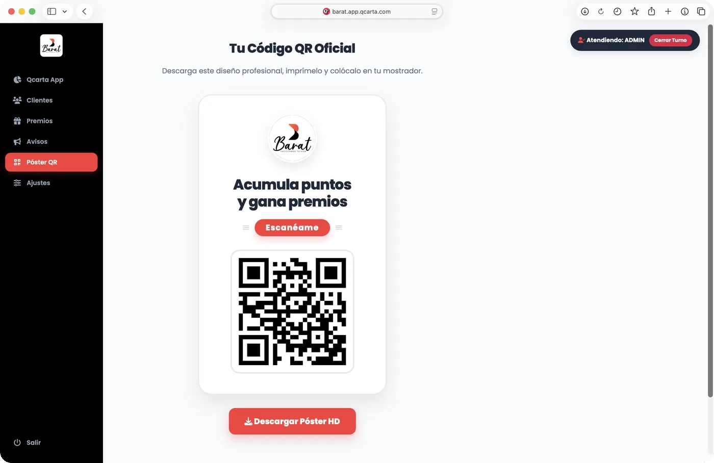 Panel del sistema de fidelización de Qcarta: póster qr