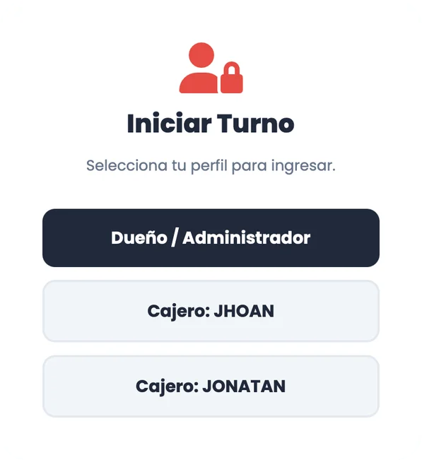 Pantalla de inicio de turno con perfiles de dueño y cajeros