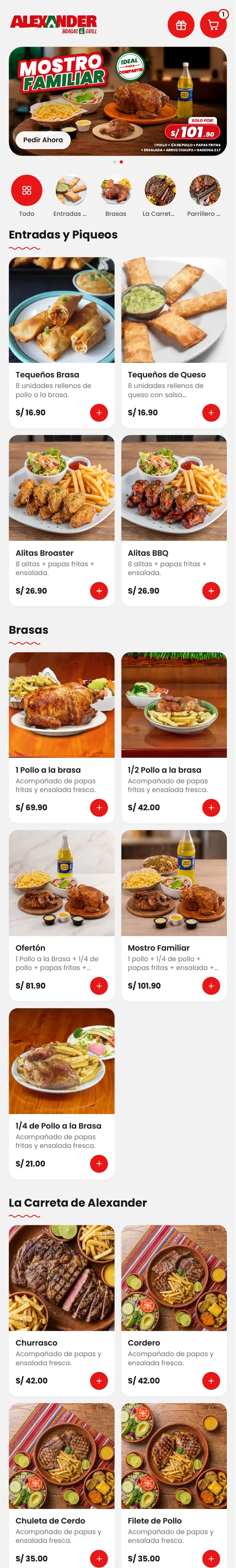 Carta digital interactiva de Alexander Brasas & Grill (pollería y parrillas) hecha con Qcarta