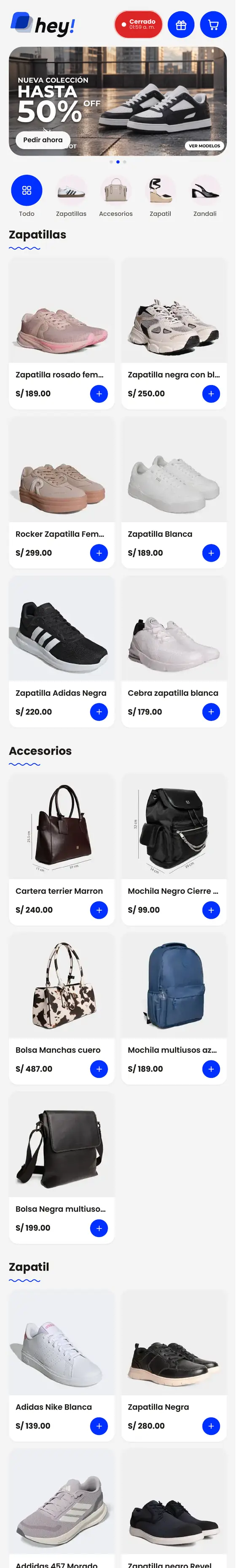 Carta digital interactiva de Cameron Shop (tienda de zapatillas y accesorios) hecha con Qcarta