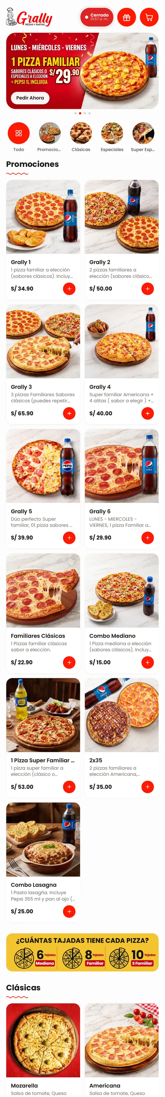 Carta digital interactiva de Grally Pizzas y Pastas (pizzería) hecha con Qcarta