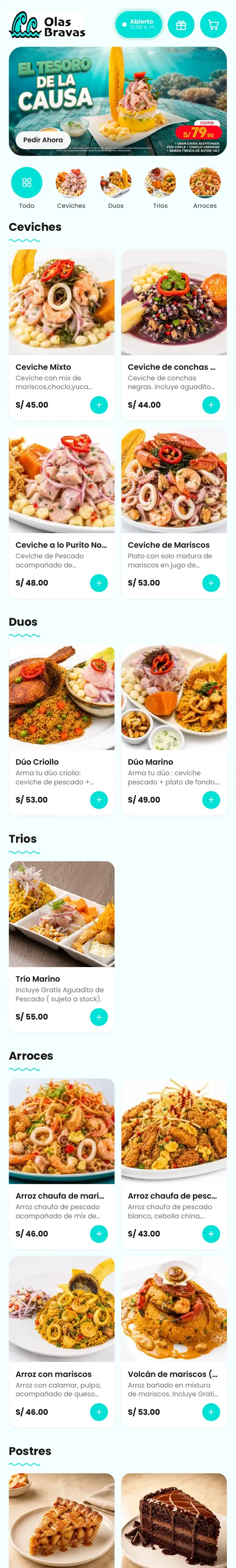 Carta digital interactiva de Olas Bravas (cevichería) hecha con Qcarta
