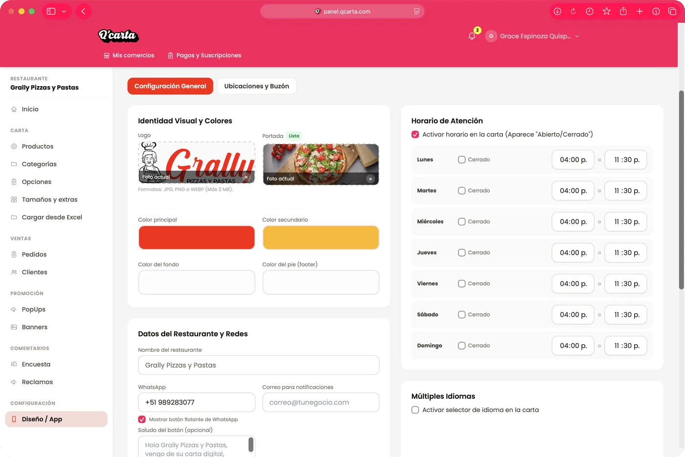 Panel de administración de Qcarta: diseño y horarios