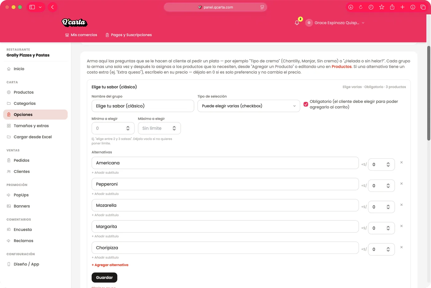 Panel de administración de Qcarta: opciones